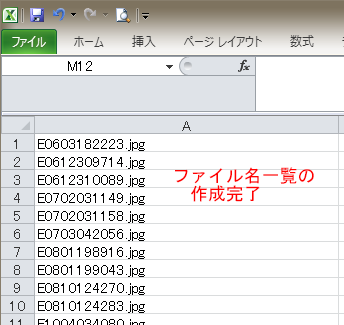 Excelにファイル名の一覧作成できた